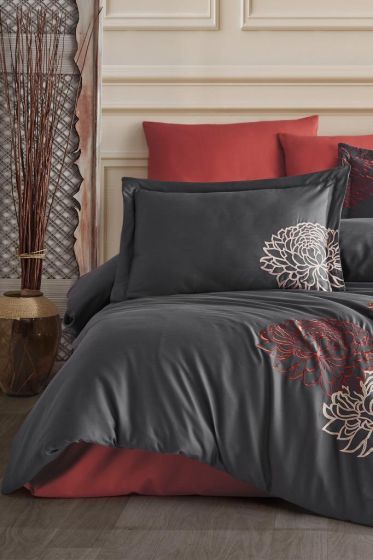 Siena Embroidered 100% Cotton Sateen, Duvet Cover Set, Duvet Cover 200x220, Sheet 240x260, Double Size, Full Size Antrachite