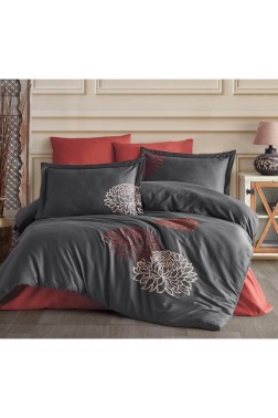 Siena Embroidered 100% Cotton Sateen, Duvet Cover Set, Duvet Cover 200x220, Sheet 240x260, Double Size, Full Size Antrachite - Thumbnail