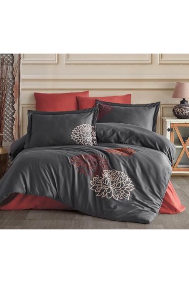 Siena Embroidered 100% Cotton Sateen, Duvet Cover Set, Duvet Cover 200x220, Sheet 240x260, Double Size, Full Size Antrachite