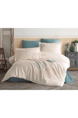 Siena Embroidered 100% Cotton Sateen, Duvet Cover Set, Duvet Cover 200x220, Sheet 240x260, Double Size, Full Size Champagne - Thumbnail