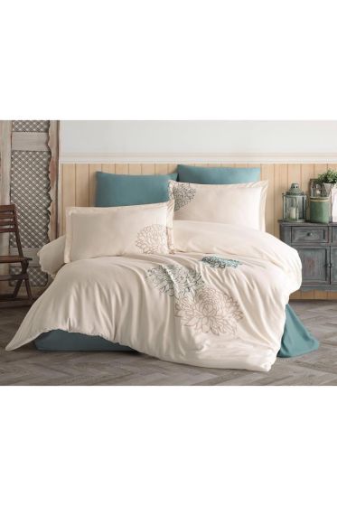 Siena Embroidered 100% Cotton Sateen, Duvet Cover Set, Duvet Cover 200x220, Sheet 240x260, Double Size, Full Size Champagne