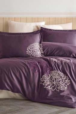 Siena Embroidered 100% Cotton Sateen, Duvet Cover Set, Duvet Cover 200x220, Sheet 240x260, Double Size, Full Size Plum - Thumbnail