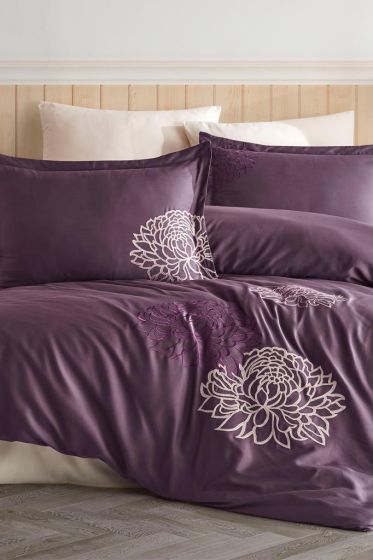 Siena Embroidered 100% Cotton Sateen, Duvet Cover Set, Duvet Cover 200x220, Sheet 240x260, Double Size, Full Size Plum