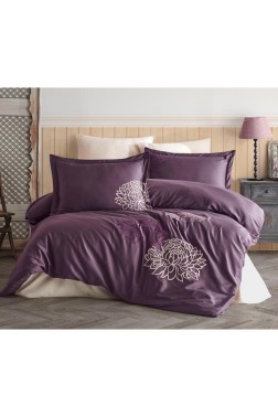 Siena Embroidered 100% Cotton Sateen, Duvet Cover Set, Duvet Cover 200x220, Sheet 240x260, Double Size, Full Size Plum - Thumbnail