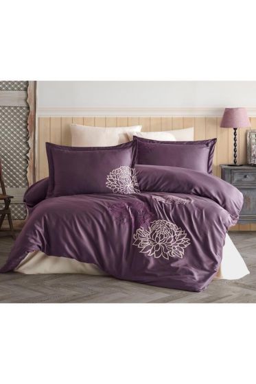 Siena Embroidered 100% Cotton Sateen, Duvet Cover Set, Duvet Cover 200x220, Sheet 240x260, Double Size, Full Size Plum