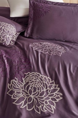 Siena Embroidered 100% Cotton Sateen, Duvet Cover Set, Duvet Cover 200x220, Sheet 240x260, Double Size, Full Size Plum - Thumbnail