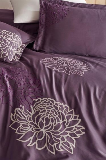 Siena Embroidered 100% Cotton Sateen, Duvet Cover Set, Duvet Cover 200x220, Sheet 240x260, Double Size, Full Size Plum