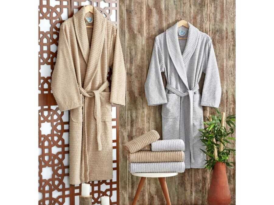 Sıla Lux Family Bathrobe Set Beige Gray