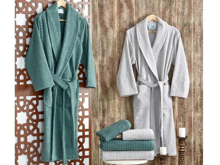 Sıla Lux Family Bathrobe Set Gray Dark Cyan