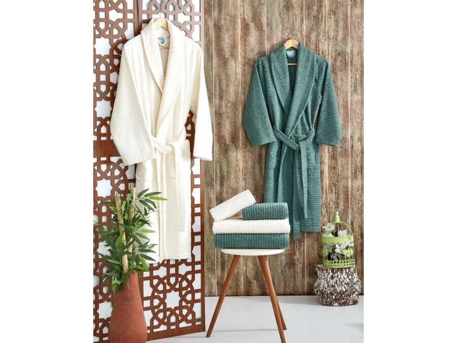 Sıla Lux Family Bathrobe Set Dark Cyan Cream