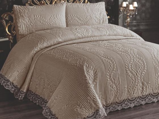 Simirna Quilted Bedspread Set Double Size French Lace Cappucino