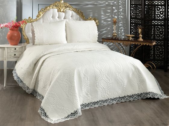 Simirna Quilted Bedspread Set Double Size French Lace Cream