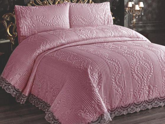 Simirna Quilted Bedspread Set Double Size French Lace Powder