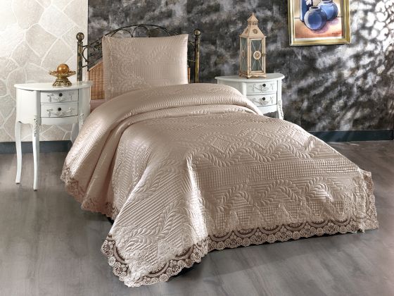 Simirna Quilted Coverlet Set 180x250 Pillowcase 50x70 Single Size Light Cappucino
