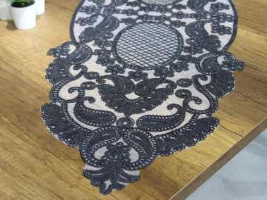 Çeyiz Diyarı - Simona Tulip Patterned Oval Runner Black Çeyiz Diyarı - Simona Tulip Patterned Oval Runner Black