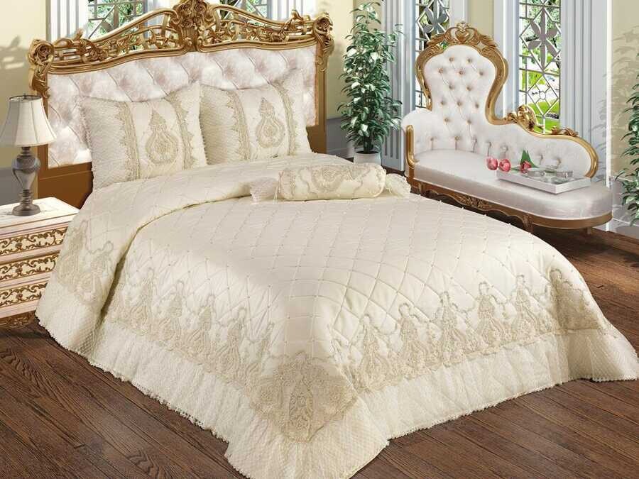  Sindirella طقم غطاء سرير مزدوج من قماش الجاكار لون كريمي - Thumbnail