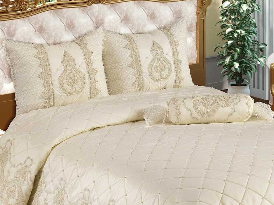  Sindirella طقم غطاء سرير مزدوج من قماش الجاكار لون كريمي - Thumbnail