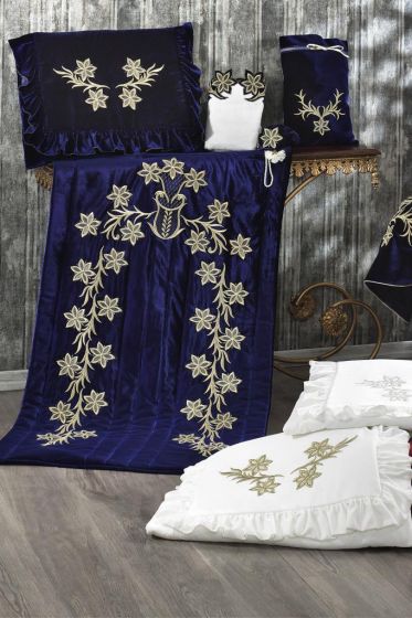 Sirma Velvet Maras Prayer Rug Set 7pcs, Rug 70x115 cm,Towel, Bundle, Navy Blue - Gold