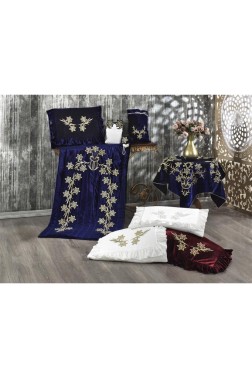 Sirma Velvet Maras Prayer Rug Set 7pcs, Rug 70x115 cm,Towel, Bundle, Navy Blue - Gold - Thumbnail
