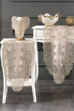 Sirma Velvet Runner Set 5 Pieces For Living Room, French Lace, Wedding, Home Accessories, Cappucino - Thumbnail