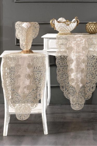 Sirma Velvet Runner Set 5 Pieces For Living Room, French Lace, Wedding, Home Accessories, Cappucino