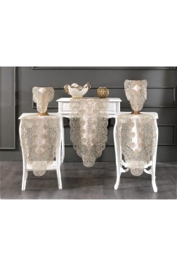Sirma Velvet Runner Set 5 Pieces For Living Room, French Lace, Wedding, Home Accessories, Cappucino - Thumbnail