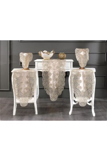 Sirma Velvet Runner Set 5 Pieces For Living Room, French Lace, Wedding, Home Accessories, Cappucino