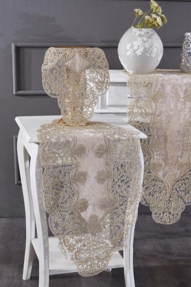 Sirma Velvet Runner Set 5 Pieces For Living Room, French Lace, Wedding, Home Accessories, Cappucino