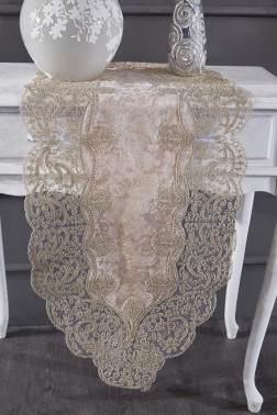 Sirma Velvet Runner Set 5 Pieces For Living Room, French Lace, Wedding, Home Accessories, Cappucino - Thumbnail