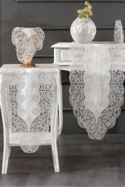 Sirma Velvet Runner Set 5 Pieces For Living Room, French Lace, Wedding, Home Accessories, Cream - Thumbnail