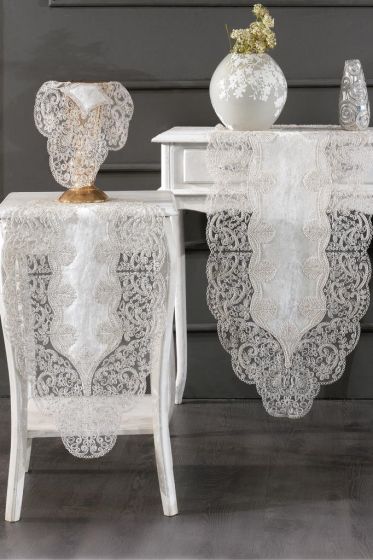 Sirma Velvet Runner Set 5 Pieces For Living Room, French Lace, Wedding, Home Accessories, Cream