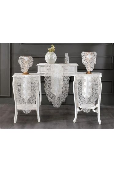 Sirma Velvet Runner Set 5 Pieces For Living Room, French Lace, Wedding, Home Accessories, Cream