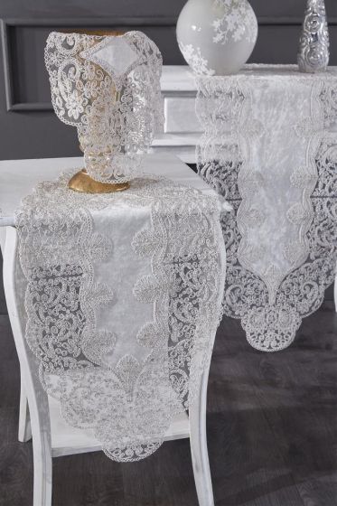 Sirma Velvet Runner Set 5 Pieces For Living Room, French Lace, Wedding, Home Accessories, Cream