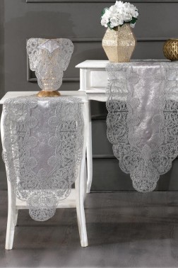 Sirma Velvet Runner Set 5 Pieces For Living Room, French Lace, Wedding, Home Accessories, Grey - Thumbnail