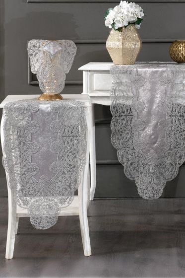 Sirma Velvet Runner Set 5 Pieces For Living Room, French Lace, Wedding, Home Accessories, Grey