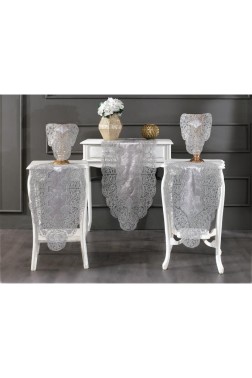 Sirma Velvet Runner Set 5 Pieces For Living Room, French Lace, Wedding, Home Accessories, Grey - Thumbnail