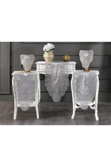 Sirma Velvet Runner Set 5 Pieces For Living Room, French Lace, Wedding, Home Accessories, Grey