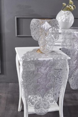 Sirma Velvet Runner Set 5 Pieces For Living Room, French Lace, Wedding, Home Accessories, Grey - Thumbnail