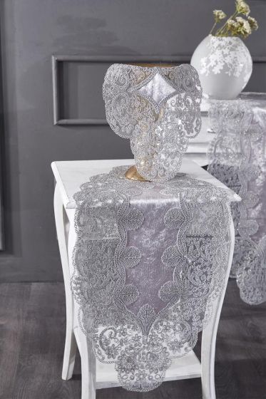 Sirma Velvet Runner Set 5 Pieces For Living Room, French Lace, Wedding, Home Accessories, Grey