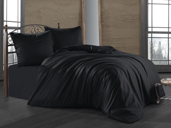 Cotton Satin Double Duvet Cover Set - Black