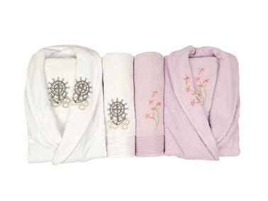 Scar Embroidered 100% Cotton 4-Piece Bathrobe Set White Lilac - Thumbnail