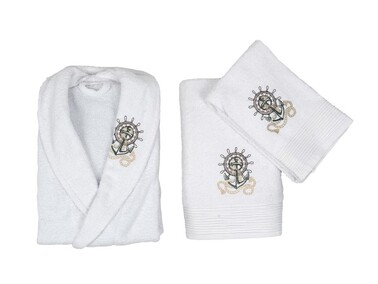 Scar Embroidered 100% Cotton 4-Piece Bathrobe Set White Lilac - Thumbnail