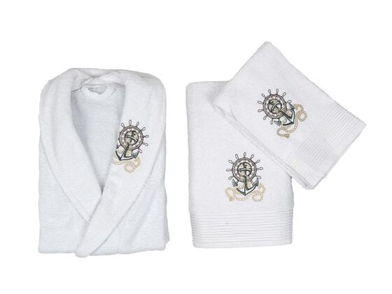 Scar Embroidered 100% Cotton 4-Piece Bathrobe Set White Lilac