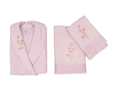 Scar Embroidered 100% Cotton 4-Piece Bathrobe Set White Lilac - Thumbnail