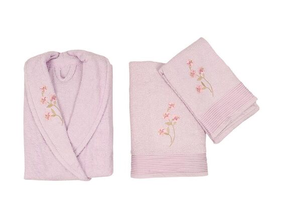 Scar Embroidered 100% Cotton 4-Piece Bathrobe Set White Lilac