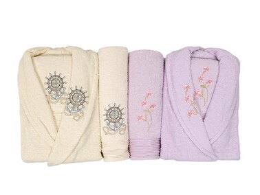 Scar Embroidered 100% Cotton 4 Piece Bathrobe Set White Powder - Thumbnail