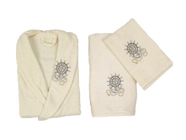 Scar Embroidered 100% Cotton 4 Piece Bathrobe Set White Powder - Thumbnail