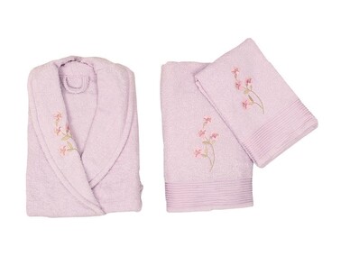 Scar Embroidered 100% Cotton 4 Piece Bathrobe Set White Powder - Thumbnail