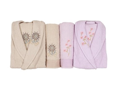 Scar Embroidered 100% Cotton 4-Piece Bathrobe Set Cappucino Lilac - Thumbnail