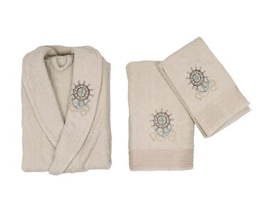 Scar Embroidered 100% Cotton 4-Piece Bathrobe Set Cappucino Lilac - Thumbnail